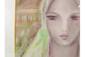 真作　CLAIRE ASTAIX　クレール・アステックス　「緑のベール」　サイン入り　パステル画(人物、女性、写真付き、絵画、額装、外箱付き)(R-081398)
