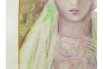 真作　CLAIRE ASTAIX　クレール・アステックス　「緑のベール」　サイン入り　パステル画(人物、女性、写真付き、絵画、額装、外箱付き)(R-081398)