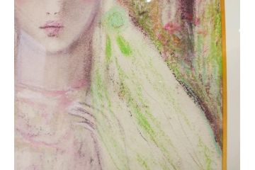 真作　CLAIRE ASTAIX　クレール・アステックス　「緑のベール」　サイン入り　パステル画(人物、女性、写真付き、絵画、額装、外箱付き)(R-081398)