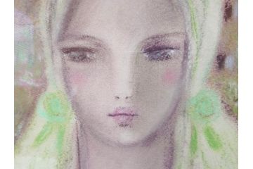 真作　CLAIRE ASTAIX　クレール・アステックス　「緑のベール」　サイン入り　パステル画(人物、女性、写真付き、絵画、額装、外箱付き)(R-081398)