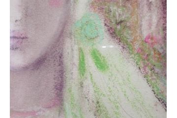 真作　CLAIRE ASTAIX　クレール・アステックス　「緑のベール」　サイン入り　パステル画(人物、女性、写真付き、絵画、額装、外箱付き)(R-081398)
