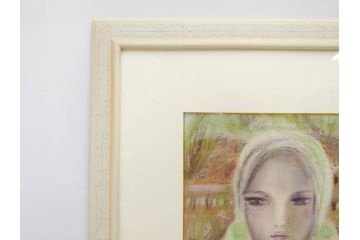 真作　CLAIRE ASTAIX　クレール・アステックス　「緑のベール」　サイン入り　パステル画(人物、女性、写真付き、絵画、額装、外箱付き)(R-081398)