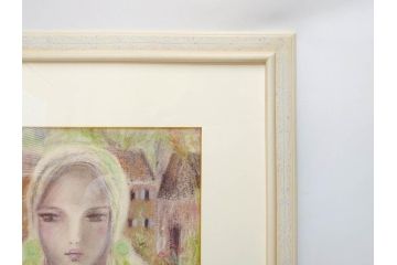 真作　CLAIRE ASTAIX　クレール・アステックス　「緑のベール」　サイン入り　パステル画(人物、女性、写真付き、絵画、額装、外箱付き)(R-081398)
