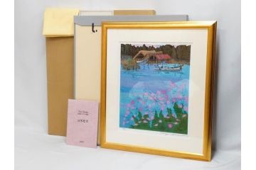 真作　原田泰治　「コスモス」　オリジナル　限定250部の内第236番　サイン入り　木版画(花、風景、講談社、エディション入り、額装、保証書付き、外箱付き、タトウ箱付き)(R-081399)