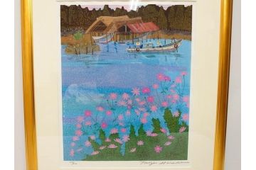 真作　原田泰治　「コスモス」　オリジナル　限定250部の内第236番　サイン入り　木版画(花、風景、講談社、エディション入り、額装、保証書付き、外箱付き、タトウ箱付き)(R-081399)