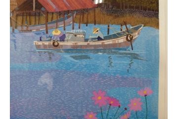 真作　原田泰治　「コスモス」　オリジナル　限定250部の内第236番　サイン入り　木版画(花、風景、講談社、エディション入り、額装、保証書付き、外箱付き、タトウ箱付き)(R-081399)