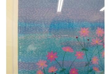 真作　原田泰治　「コスモス」　オリジナル　限定250部の内第236番　サイン入り　木版画(花、風景、講談社、エディション入り、額装、保証書付き、外箱付き、タトウ箱付き)(R-081399)