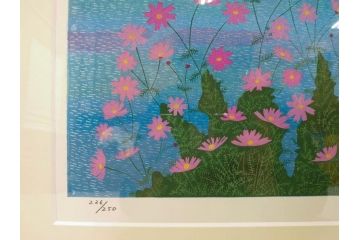 真作　原田泰治　「コスモス」　オリジナル　限定250部の内第236番　サイン入り　木版画(花、風景、講談社、エディション入り、額装、保証書付き、外箱付き、タトウ箱付き)(R-081399)