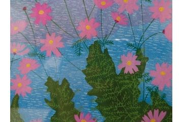 真作　原田泰治　「コスモス」　オリジナル　限定250部の内第236番　サイン入り　木版画(花、風景、講談社、エディション入り、額装、保証書付き、外箱付き、タトウ箱付き)(R-081399)