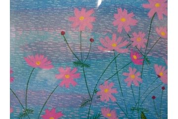 真作　原田泰治　「コスモス」　オリジナル　限定250部の内第236番　サイン入り　木版画(花、風景、講談社、エディション入り、額装、保証書付き、外箱付き、タトウ箱付き)(R-081399)