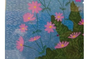 真作　原田泰治　「コスモス」　オリジナル　限定250部の内第236番　サイン入り　木版画(花、風景、講談社、エディション入り、額装、保証書付き、外箱付き、タトウ箱付き)(R-081399)