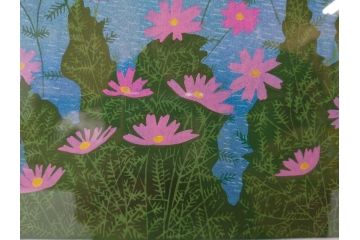 真作　原田泰治　「コスモス」　オリジナル　限定250部の内第236番　サイン入り　木版画(花、風景、講談社、エディション入り、額装、保証書付き、外箱付き、タトウ箱付き)(R-081399)