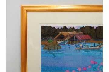 真作　原田泰治　「コスモス」　オリジナル　限定250部の内第236番　サイン入り　木版画(花、風景、講談社、エディション入り、額装、保証書付き、外箱付き、タトウ箱付き)(R-081399)