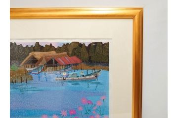 真作　原田泰治　「コスモス」　オリジナル　限定250部の内第236番　サイン入り　木版画(花、風景、講談社、エディション入り、額装、保証書付き、外箱付き、タトウ箱付き)(R-081399)