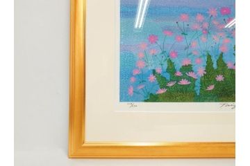 真作　原田泰治　「コスモス」　オリジナル　限定250部の内第236番　サイン入り　木版画(花、風景、講談社、エディション入り、額装、保証書付き、外箱付き、タトウ箱付き)(R-081399)