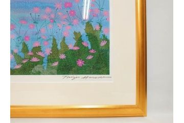 真作　原田泰治　「コスモス」　オリジナル　限定250部の内第236番　サイン入り　木版画(花、風景、講談社、エディション入り、額装、保証書付き、外箱付き、タトウ箱付き)(R-081399)