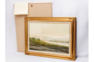 真作　林朝路　「ベルノン朝明け」　M15(15号)　絵画(油絵、油彩、風景、川辺、サイン入り、額装、外箱付き)(R-081400)