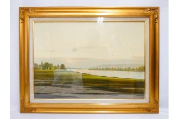 真作　林朝路　「ベルノン朝明け」　M15(15号)　絵画(油絵、油彩、風景、川辺、サイン入り、額装、外箱付き)(R-081400)