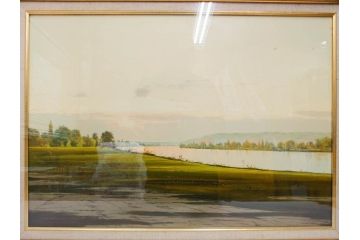 真作　林朝路　「ベルノン朝明け」　M15(15号)　絵画(油絵、油彩、風景、川辺、サイン入り、額装、外箱付き)(R-081400)