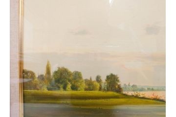 真作　林朝路　「ベルノン朝明け」　M15(15号)　絵画(油絵、油彩、風景、川辺、サイン入り、額装、外箱付き)(R-081400)