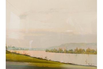 真作　林朝路　「ベルノン朝明け」　M15(15号)　絵画(油絵、油彩、風景、川辺、サイン入り、額装、外箱付き)(R-081400)