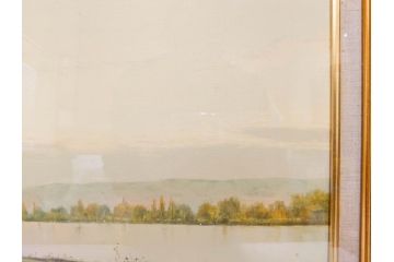 真作　林朝路　「ベルノン朝明け」　M15(15号)　絵画(油絵、油彩、風景、川辺、サイン入り、額装、外箱付き)(R-081400)