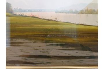 真作　林朝路　「ベルノン朝明け」　M15(15号)　絵画(油絵、油彩、風景、川辺、サイン入り、額装、外箱付き)(R-081400)
