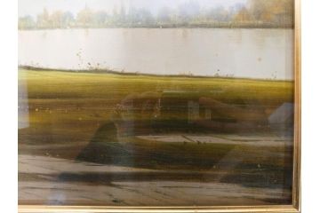 真作　林朝路　「ベルノン朝明け」　M15(15号)　絵画(油絵、油彩、風景、川辺、サイン入り、額装、外箱付き)(R-081400)