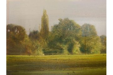 真作　林朝路　「ベルノン朝明け」　M15(15号)　絵画(油絵、油彩、風景、川辺、サイン入り、額装、外箱付き)(R-081400)