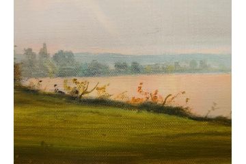 真作　林朝路　「ベルノン朝明け」　M15(15号)　絵画(油絵、油彩、風景、川辺、サイン入り、額装、外箱付き)(R-081400)