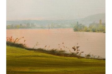 真作　林朝路　「ベルノン朝明け」　M15(15号)　絵画(油絵、油彩、風景、川辺、サイン入り、額装、外箱付き)(R-081400)