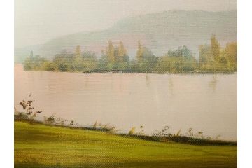 真作　林朝路　「ベルノン朝明け」　M15(15号)　絵画(油絵、油彩、風景、川辺、サイン入り、額装、外箱付き)(R-081400)