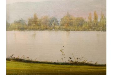 真作　林朝路　「ベルノン朝明け」　M15(15号)　絵画(油絵、油彩、風景、川辺、サイン入り、額装、外箱付き)(R-081400)