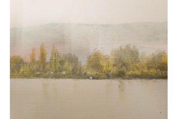 真作　林朝路　「ベルノン朝明け」　M15(15号)　絵画(油絵、油彩、風景、川辺、サイン入り、額装、外箱付き)(R-081400)