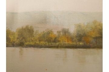 真作　林朝路　「ベルノン朝明け」　M15(15号)　絵画(油絵、油彩、風景、川辺、サイン入り、額装、外箱付き)(R-081400)