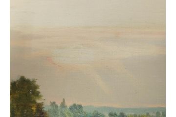 真作　林朝路　「ベルノン朝明け」　M15(15号)　絵画(油絵、油彩、風景、川辺、サイン入り、額装、外箱付き)(R-081400)