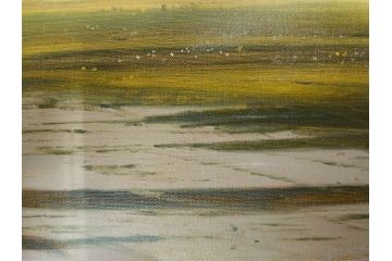 真作　林朝路　「ベルノン朝明け」　M15(15号)　絵画(油絵、油彩、風景、川辺、サイン入り、額装、外箱付き)(R-081400)