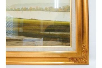 真作　林朝路　「ベルノン朝明け」　M15(15号)　絵画(油絵、油彩、風景、川辺、サイン入り、額装、外箱付き)(R-081400)
