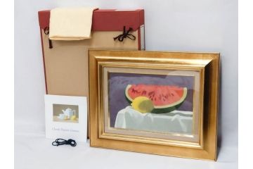 真作　クロード・デュポン=ゴモン　「ひと切れのスイカ」　P5(5号)　絵画(Claude DuPont-Gomont-Gomont、油絵、油彩、静物画、レモン、果物、額装、外箱付き)(R-081401)
