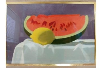 真作　クロード・デュポン=ゴモン　「ひと切れのスイカ」　P5(5号)　絵画(Claude DuPont-Gomont-Gomont、油絵、油彩、静物画、レモン、果物、額装、外箱付き)(R-081401)