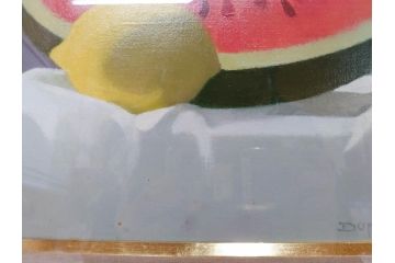 真作　クロード・デュポン=ゴモン　「ひと切れのスイカ」　P5(5号)　絵画(Claude DuPont-Gomont-Gomont、油絵、油彩、静物画、レモン、果物、額装、外箱付き)(R-081401)