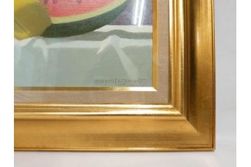 真作　クロード・デュポン=ゴモン　「ひと切れのスイカ」　P5(5号)　絵画(Claude DuPont-Gomont-Gomont、油絵、油彩、静物画、レモン、果物、額装、外箱付き)(R-081401)