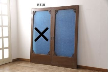 和製アンティーク　奇跡の逸品!　大判青色ガラスがインパクト抜群のガラス戸(建具、引き戸)(R-081409)