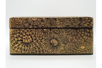 輪島塗　総沈金彫　菊花文　木製　絢爛豪華な文箱(金彩、書道具、硯箱、手許箱、小物入れ、漆器、漆芸)(R-081419)