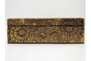 輪島塗　総沈金彫　菊花文　木製　絢爛豪華な文箱(金彩、書道具、硯箱、手許箱、小物入れ、漆器、漆芸)(R-081419)