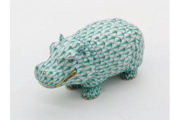 ヘレンド　ハンガリー　HEREND HVNGARY　グリーン　カバ　緻密な絵付けに匠の美技を感じるフィギュリン(緑、動物、金彩、フィッシュネット、ハンドペイント、置物、陶器)(R-081464)