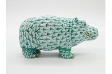 ヘレンド　ハンガリー　HEREND HVNGARY　グリーン　カバ　緻密な絵付けに匠の美技を感じるフィギュリン(緑、動物、金彩、フィッシュネット、ハンドペイント、置物、陶器)(R-081464)