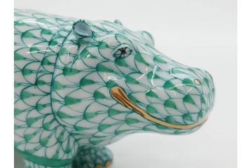 ヘレンド　ハンガリー　HEREND HVNGARY　グリーン　カバ　緻密な絵付けに匠の美技を感じるフィギュリン(緑、動物、金彩、フィッシュネット、ハンドペイント、置物、陶器)(R-081464)