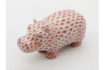 ヘレンド　ハンガリー　HEREND HVNGARY　オレンジ　カバ　愛嬌のある表情に心が和むフィギュリン(橙色、動物、金彩、フィッシュネット、ハンドペイント、置物、陶器)(R-081465)