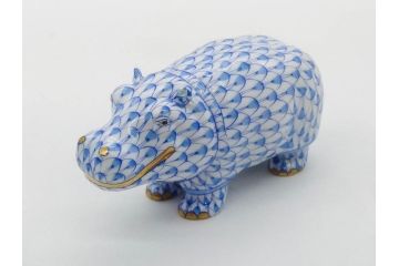 ヘレンド　ハンガリー　HEREND HVNGARY　ブルー　カバ　爽やかな雰囲気のフィギュリン(青、動物、金彩、フィッシュネット、ハンドペイント、置物、陶器)(R-081468)